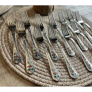 Vintage Pfaltzgraff WINTERBERRY Holly Stainless Glossy Enamel Flatware Forks 12